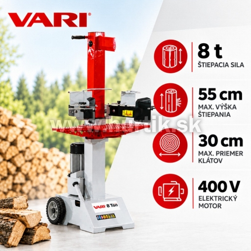 Štiepačka dreva VARI 8t na 400V + KLINY / 8 ton, max. dĺžka polena 550mm, max. priemer kmeňa 300mm