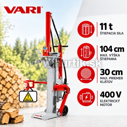 Štiepačka dreva VARI 11t na 400V / 11 ton, max. dĺžka polena 1.040mm, max. priemer kmeňa 300mm